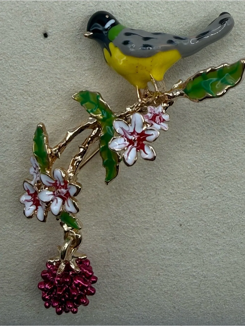 Enamel Yellow & Green Bird Floral Brooch - Unbranded